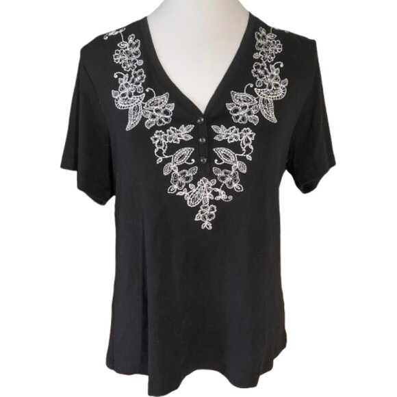 Karen Scott Tops - Karen Scott Women's V-Neck Black Cotton Tee Short Sleeves Embellished, sz. Large